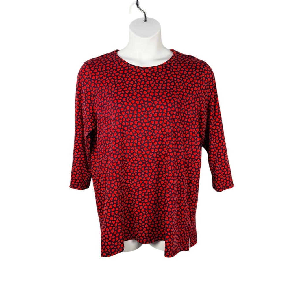 Lands End T-shirt Womens XL 18 Navy Red Heart 3/4 Sleeve Supima Cotton Tunic